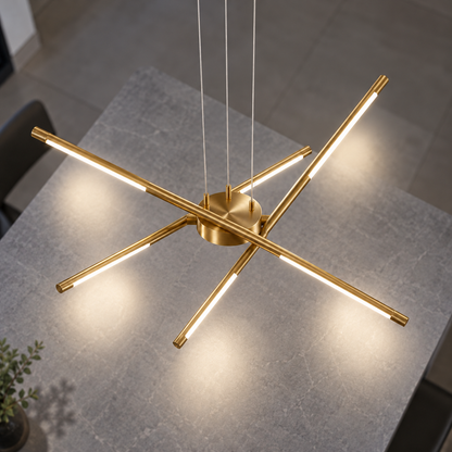 Sculptural crossed rod chandelier in black or gold — Gold, above gold suspended6, illuminated and faithfully mounted.