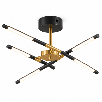 Sculptural crossed rod chandelier in black or gold — Black, catalog black6, illuminated and faithfully mounted.