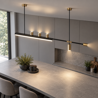 Offset island pendant with five directional spotlights — Black and gold, above gold120, illuminated and faithfully mounted.