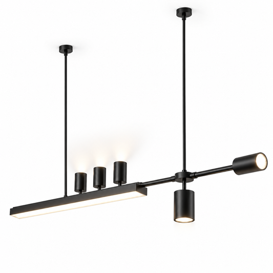 Offset island pendant with five directional spotlights — Black, catalog black120, illuminated and faithfully mounted.
