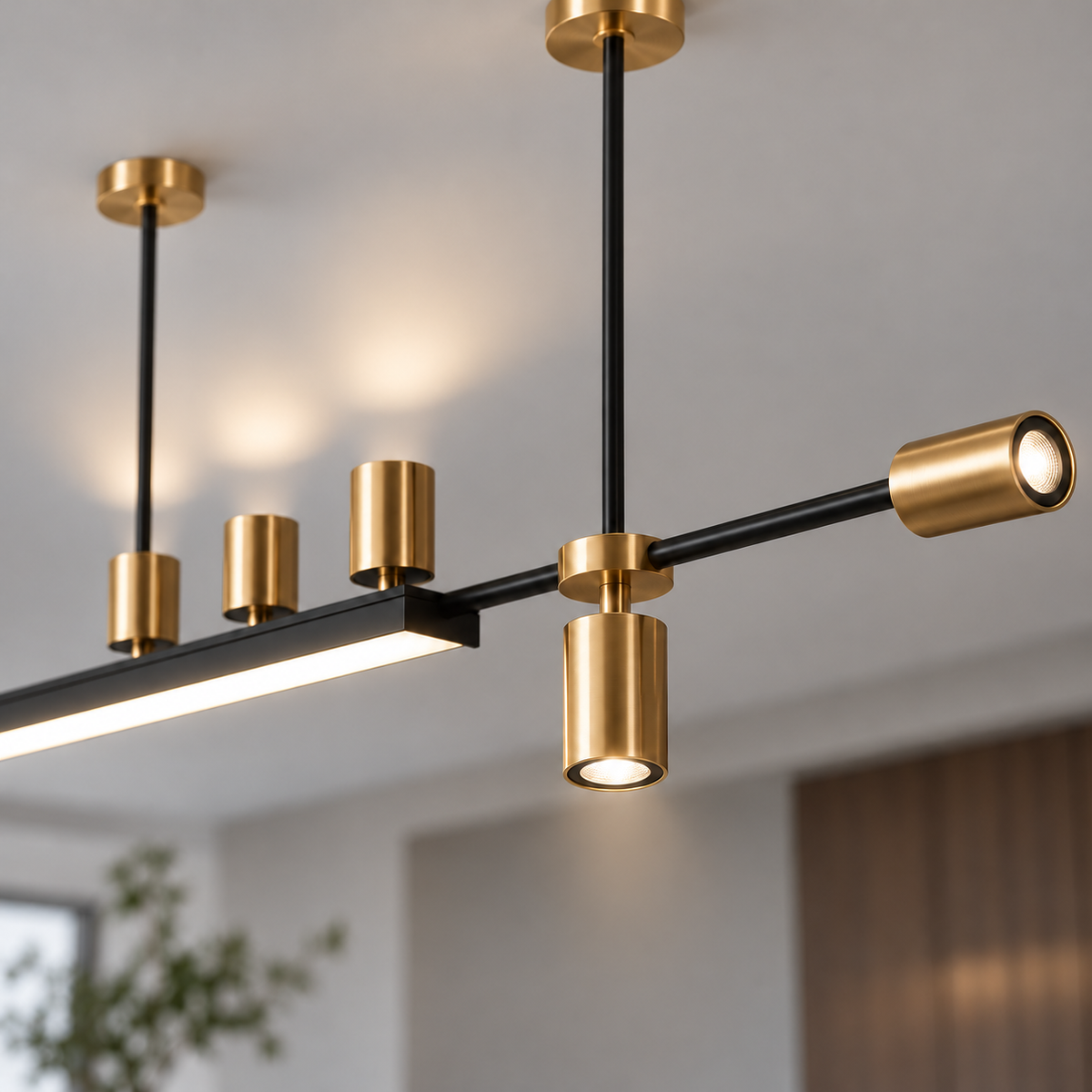 Offset island pendant with five directional spotlights — Black and gold, head detail on, illuminated and faithfully mounted.