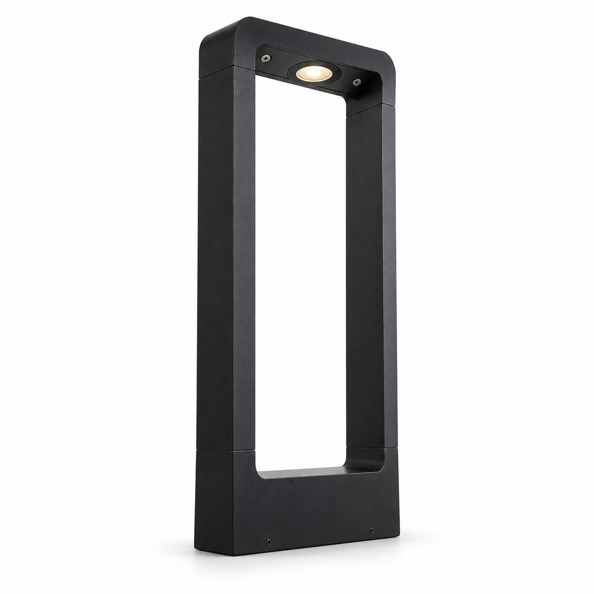 Open frame aluminium garden bollard light — Black, catalog black, illuminated and faithfully mounted.