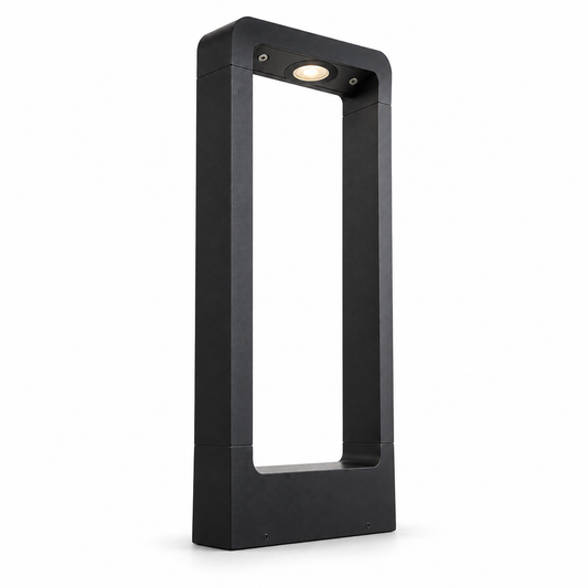 Open frame aluminium garden bollard light — Black, catalog black, illuminated and faithfully mounted.