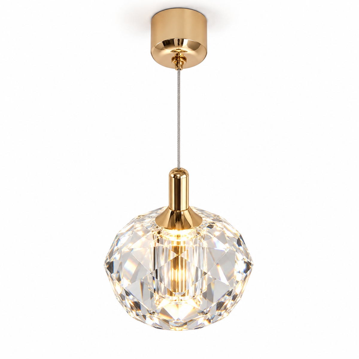 Faceted crystal pendant with gold accents — Clear, catalog clear, illuminated and faithfully mounted.