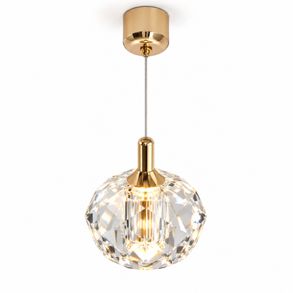 Faceted crystal pendant with gold accents — Clear, catalog clear, illuminated and faithfully mounted.