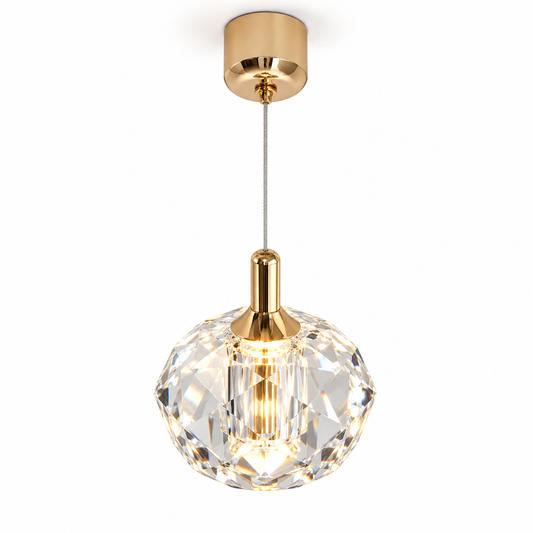 Faceted crystal pendant with gold accents — Clear, catalog clear, illuminated and faithfully mounted.