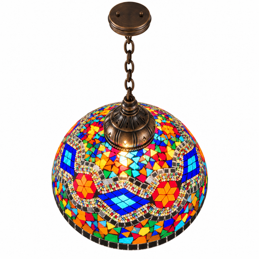 Style M mosaic dome pendant illuminated, complete chain and canopy, elevated opposite-side view on white