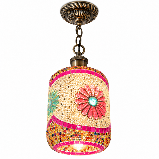Illuminated pink floral bead glass cylinder pendant with full bronze canopy and chain, viewed from below on white.