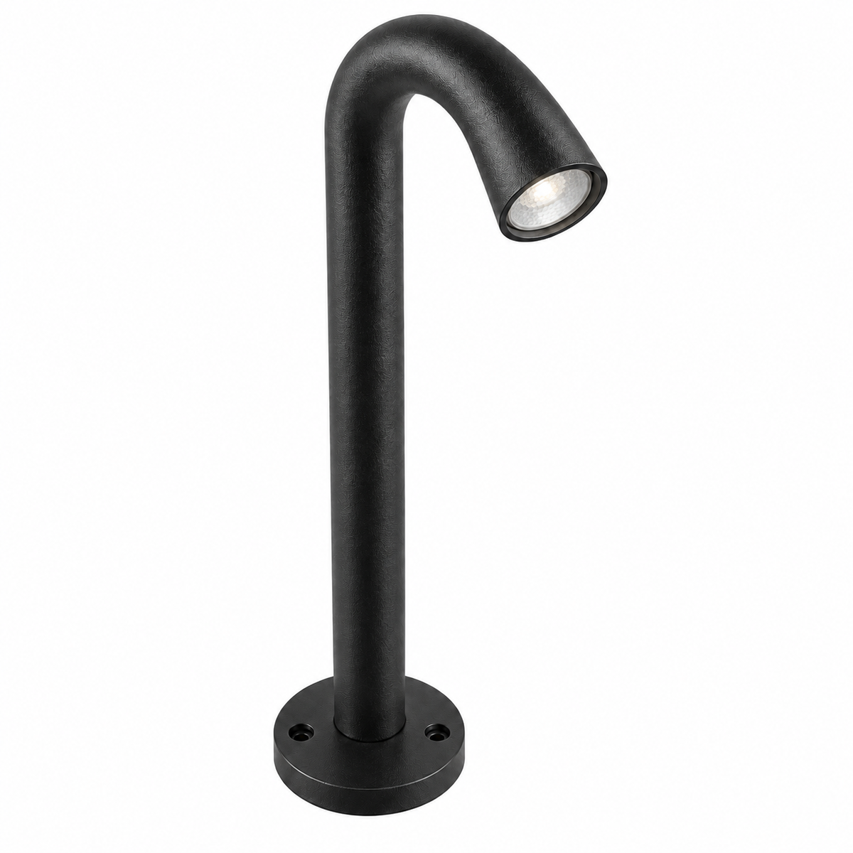 Black curved aluminium path light, complete round-base fixture illuminated, high opposite-side view on white