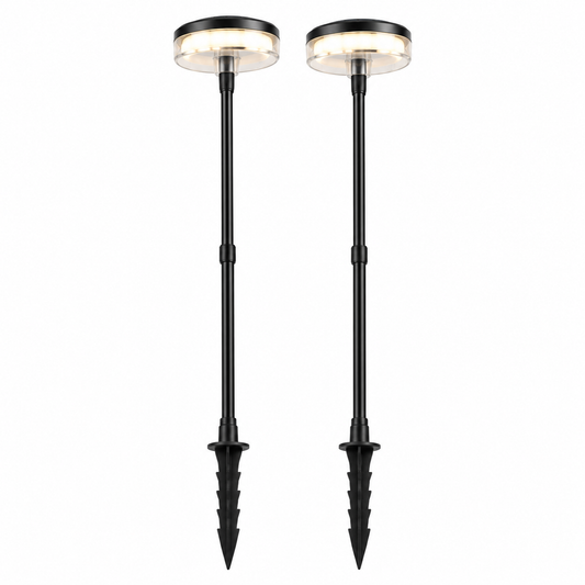 Pair of illuminated solar disc garden lights with complete stakes, new upright low angle on white