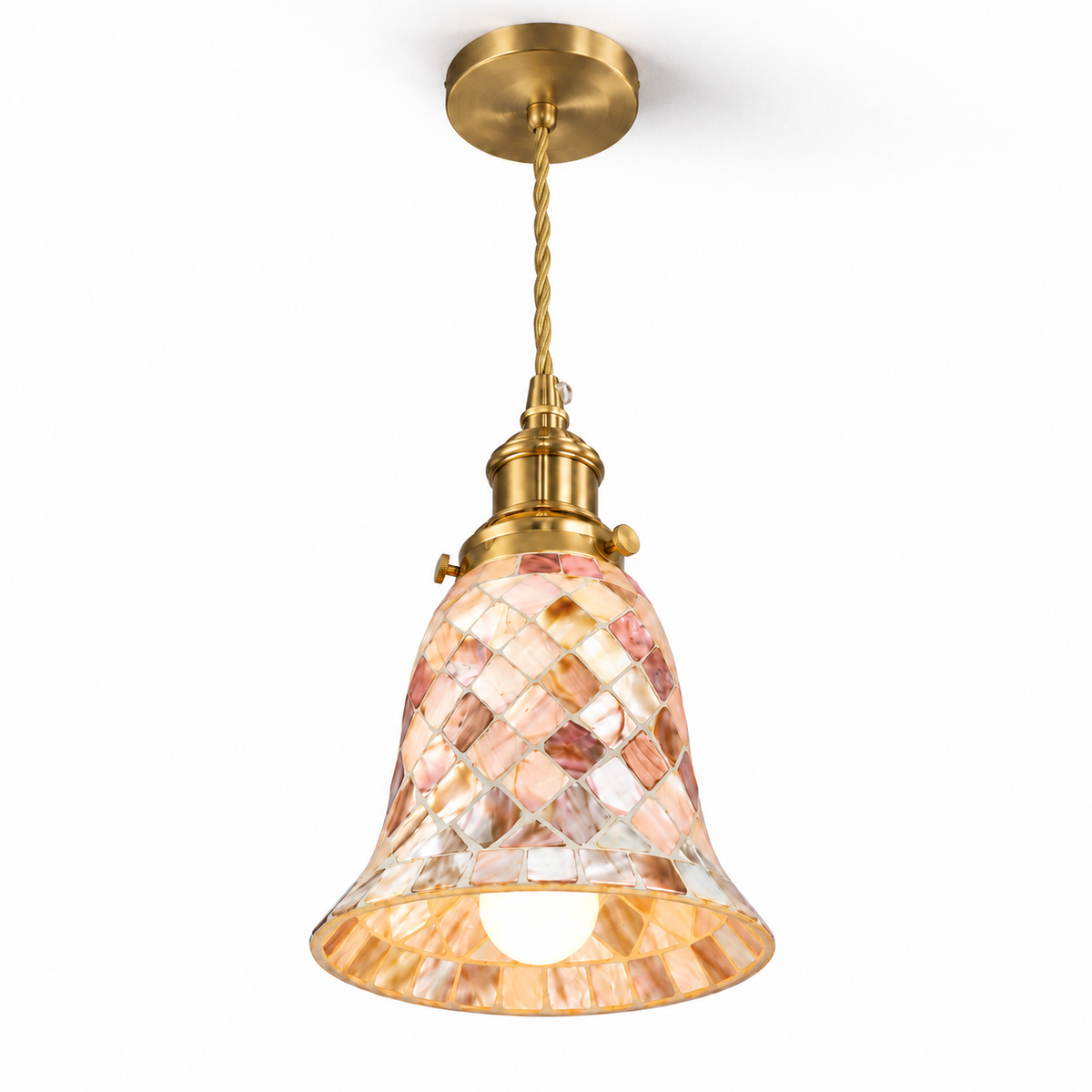Complete illuminated iridescent shell bell pendant with gold canopy and twisted cord, photographed from a lower side angle on white.