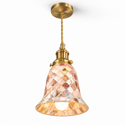Complete illuminated iridescent shell bell pendant with gold canopy and twisted cord, photographed from a lower side angle on white.