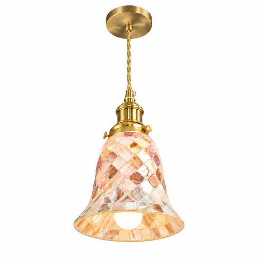 Complete illuminated iridescent shell bell pendant with gold canopy and twisted cord, photographed from a lower side angle on white.