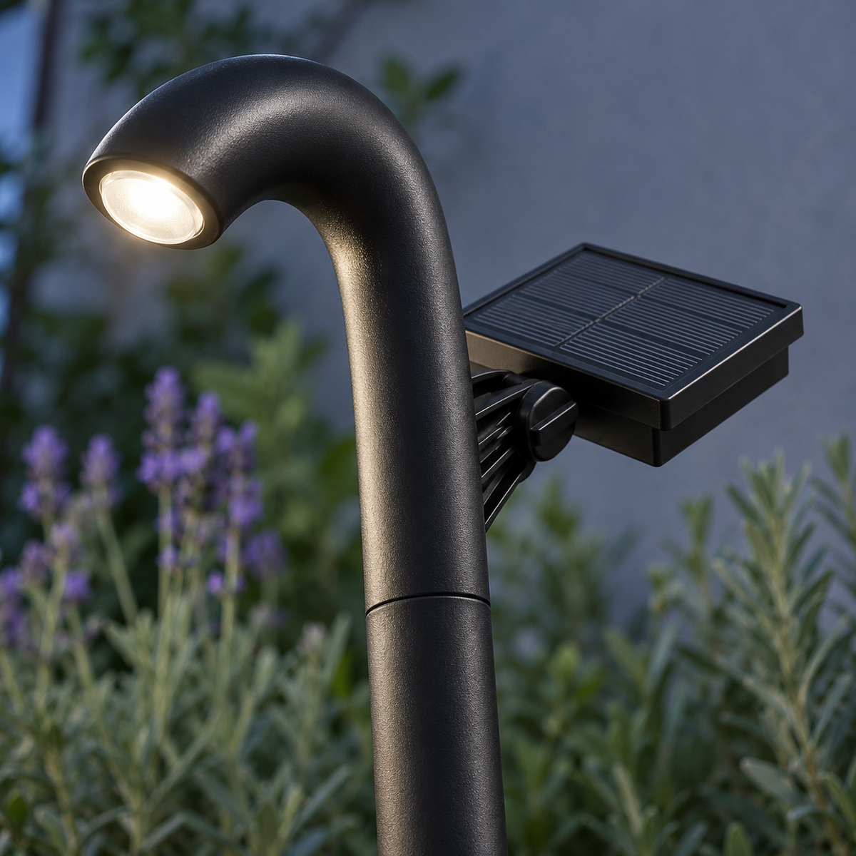 Close side detail of an illuminated arched solar path light showing its lens, panel bracket and hinge