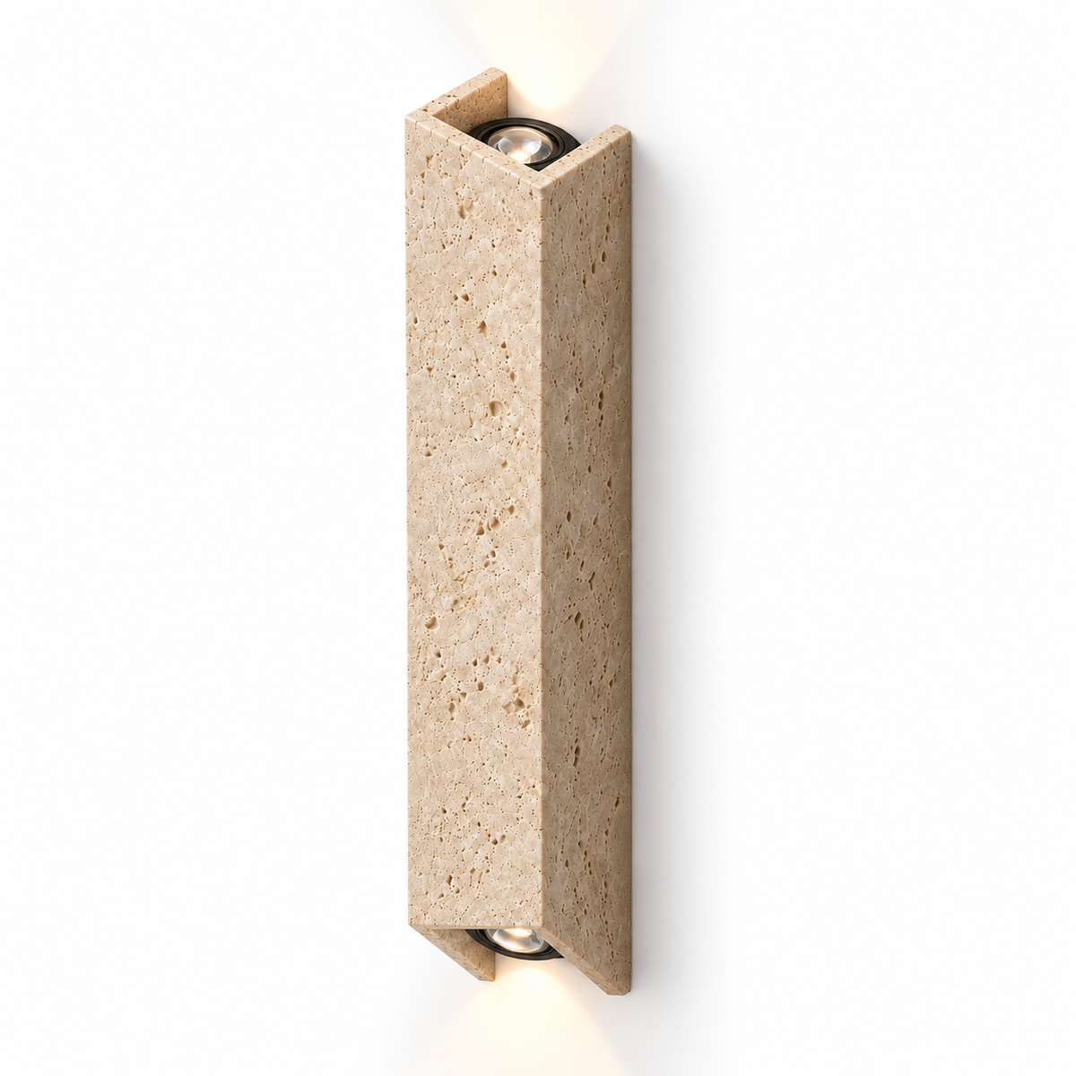 40 cm natural travertine twin-beam wall light, illuminated, elevated left view on white