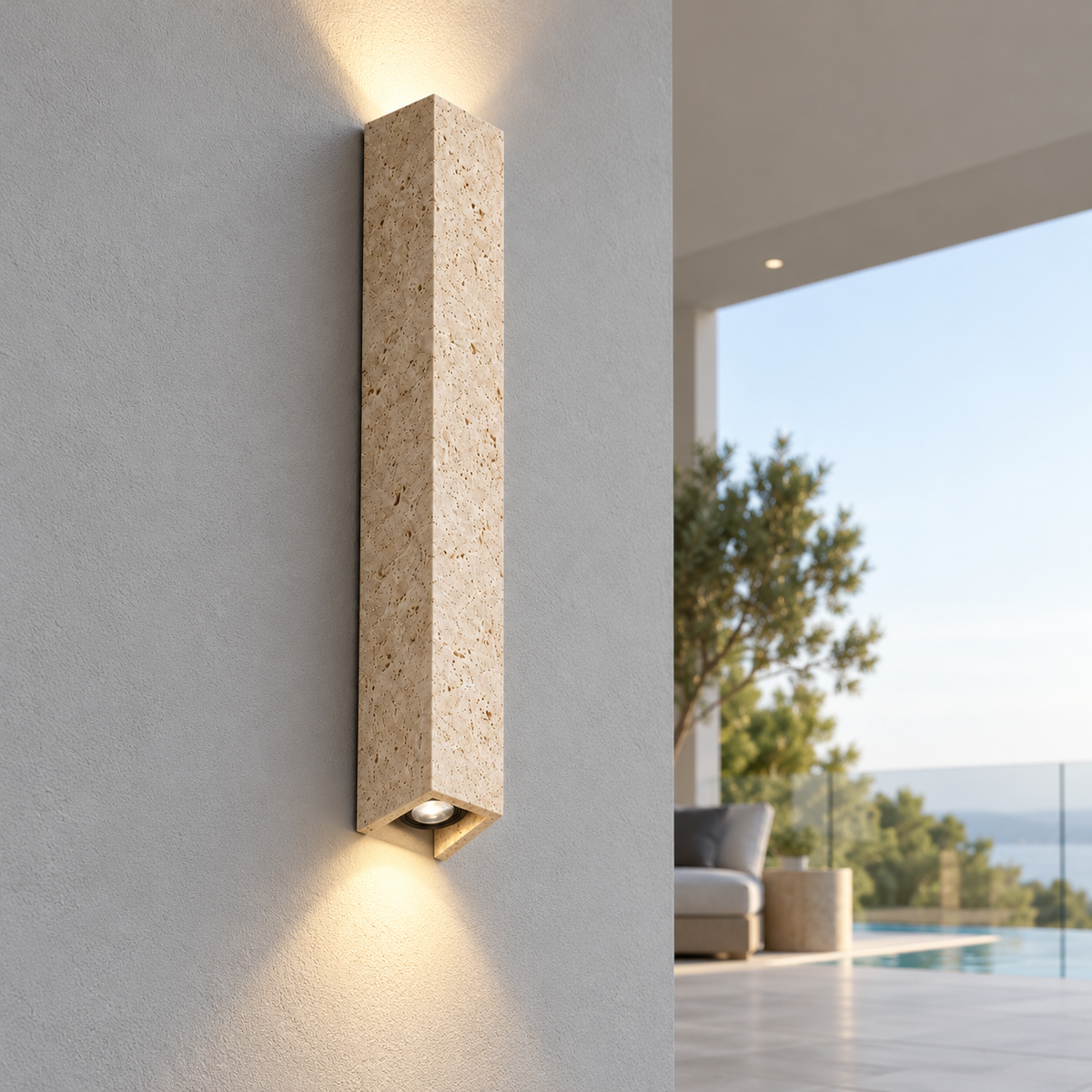 60 cm travertine wall light illuminated, centered commercial view from the lower left side