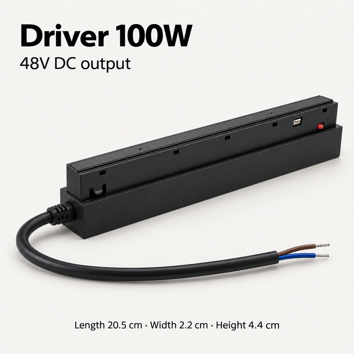 Black 100W magnetic track driver detail with 48V DC output, attached two-core cable and dimensions in centimetres