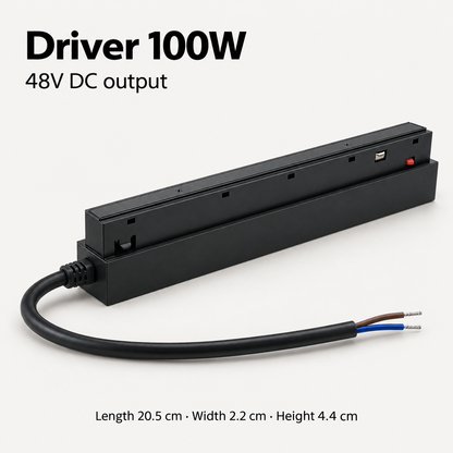 Black 100W magnetic track driver detail with 48V DC output, attached two-core cable and dimensions in centimetres
