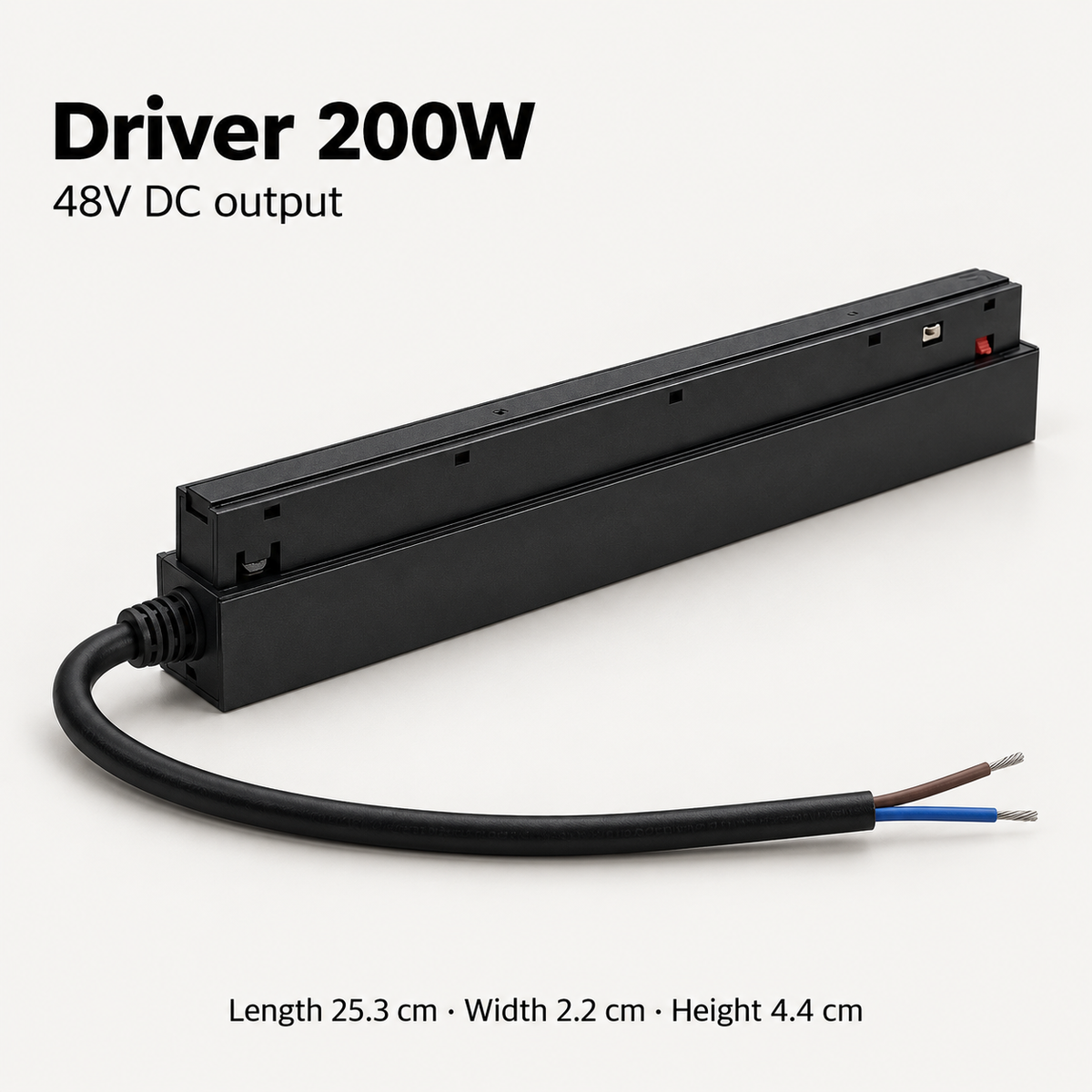 Black 200W magnetic track driver detail with 48V DC output, attached two-core cable and dimensions in centimetres