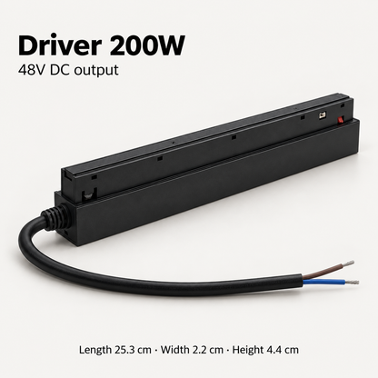 Black 200W magnetic track driver detail with 48V DC output, attached two-core cable and dimensions in centimetres