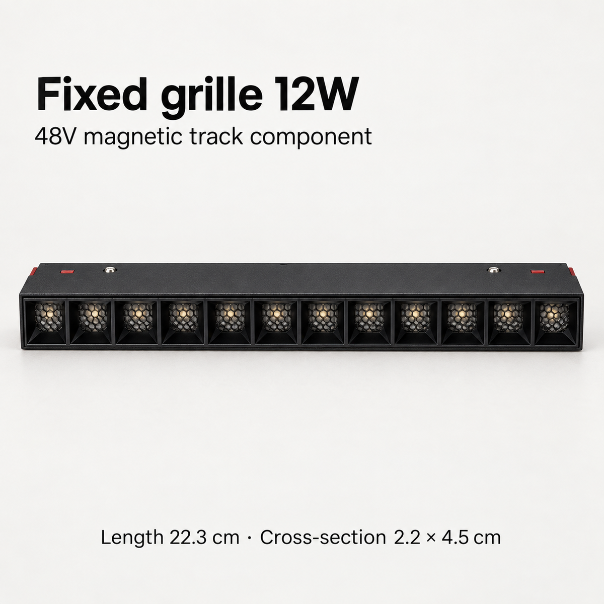 Black 12W fixed grille magnetic track light with 12 recessed honeycomb optics, 22.3 cm length and 2.2 × 4.5 cm cross-section