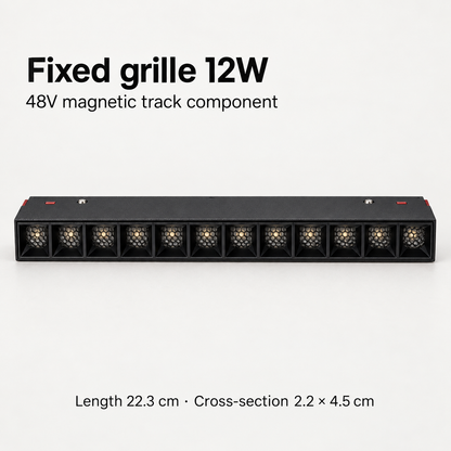 Black 12W fixed grille magnetic track light with 12 recessed honeycomb optics, 22.3 cm length and 2.2 × 4.5 cm cross-section