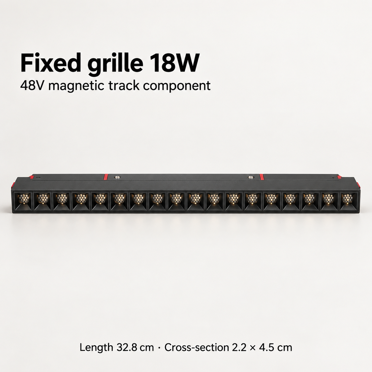 Black 18W fixed grille magnetic track light with 18 recessed honeycomb optics, 32.8 cm length and 2.2 × 4.5 cm cross-section