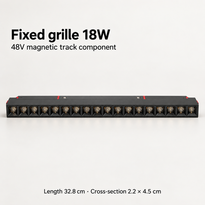 Black 18W fixed grille magnetic track light with 18 recessed honeycomb optics, 32.8 cm length and 2.2 × 4.5 cm cross-section