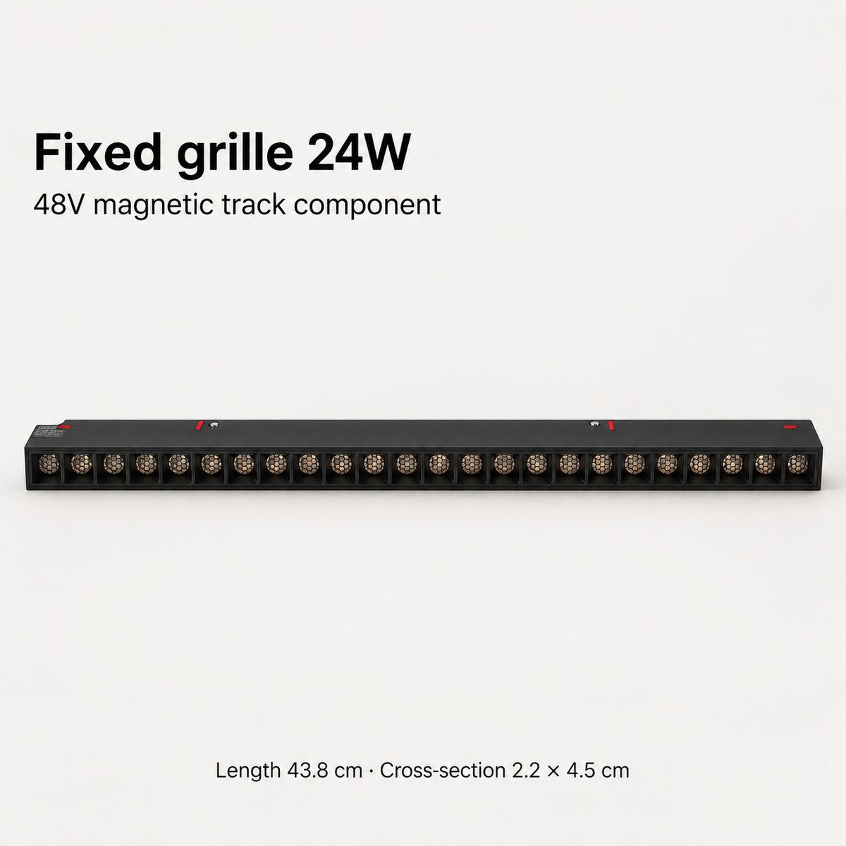 Black 24W fixed grille magnetic track light with 24 recessed honeycomb optics, 43.8 cm length and 2.2 × 4.5 cm cross-section