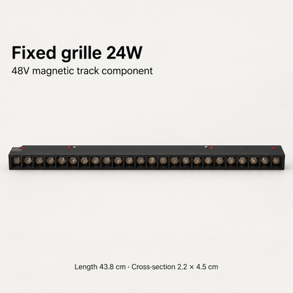 Black 24W fixed grille magnetic track light with 24 recessed honeycomb optics, 43.8 cm length and 2.2 × 4.5 cm cross-section