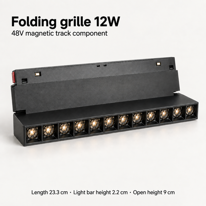 Black 12W folding grille magnetic track light component showing 12 honeycomb optics, hinged mounting plate and dimensions