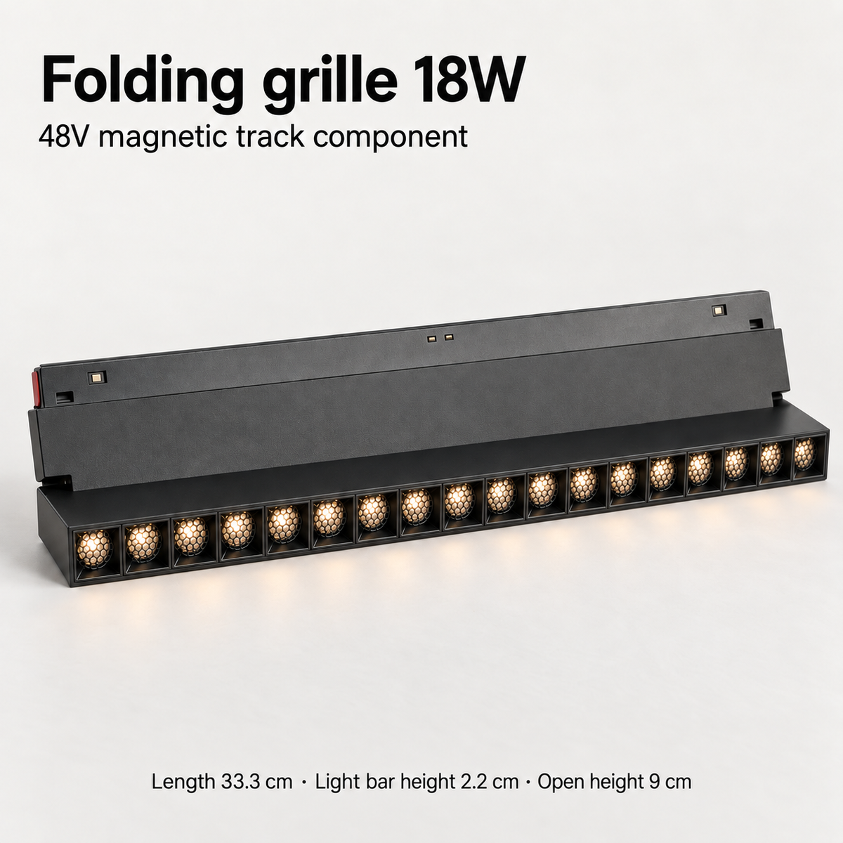 Black 18W folding grille magnetic track light component showing 18 honeycomb optics, hinged mounting plate and dimensions