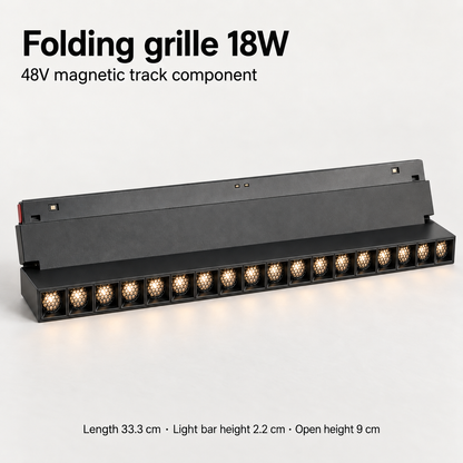 Black 18W folding grille magnetic track light component showing 18 honeycomb optics, hinged mounting plate and dimensions