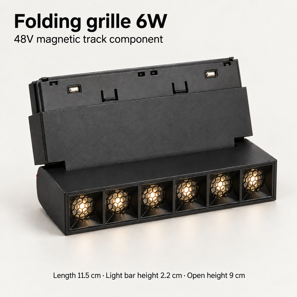 Black 6W folding grille magnetic track light component showing 6 honeycomb optics, hinged mounting plate and dimensions