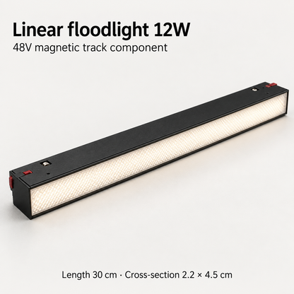 Black 12W linear floodlight for a 48V magnetic track, showing the prismatic diffuser and 30 cm length.