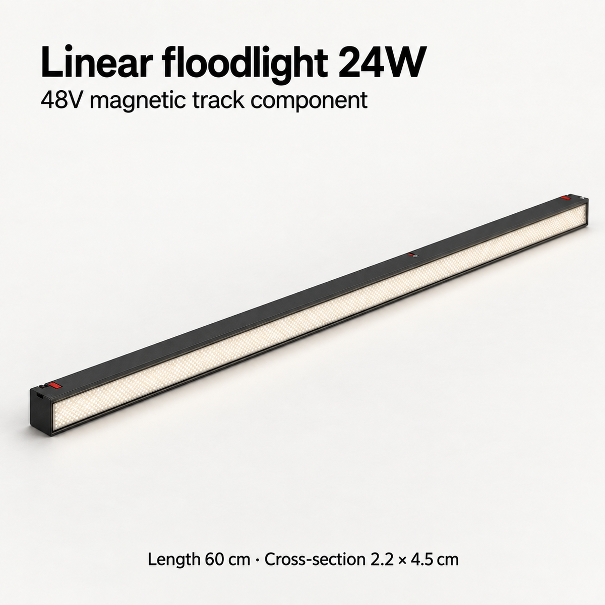 Black 24W linear floodlight for a 48V magnetic track, showing the prismatic diffuser and 60 cm length.