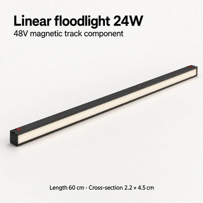 Black 24W linear floodlight for a 48V magnetic track, showing the prismatic diffuser and 60 cm length.