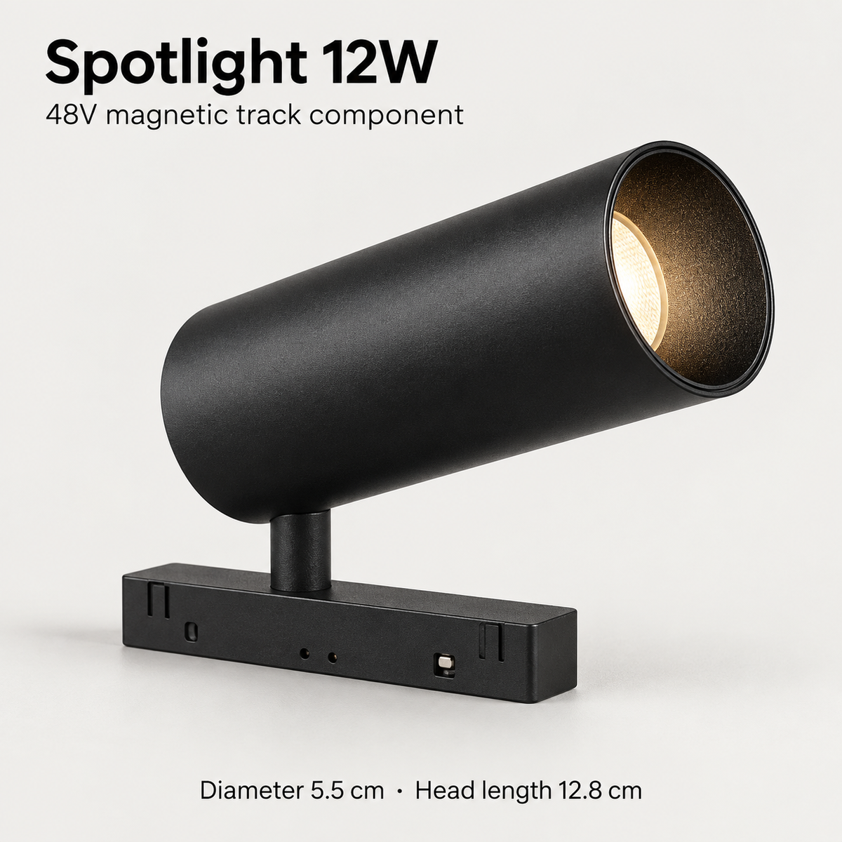 Black 12W magnetic LED spotlight detail with recessed lens, short pivot stem, magnetic adapter and dimensions in centimetres