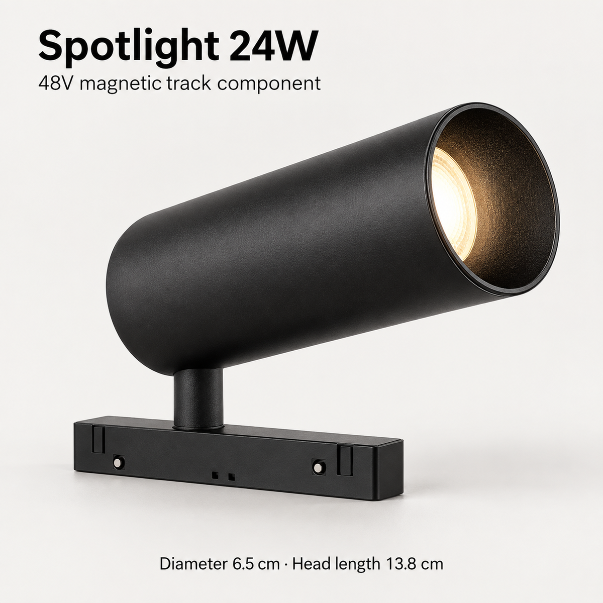 Black 24W magnetic LED spotlight detail with recessed lens, short pivot stem, magnetic adapter and dimensions in centimetres