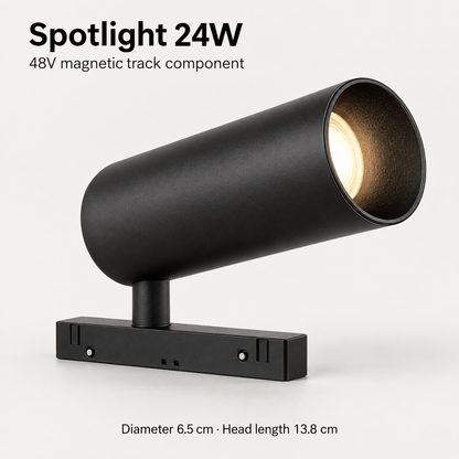 Black 24W magnetic LED spotlight detail with recessed lens, short pivot stem, magnetic adapter and dimensions in centimetres