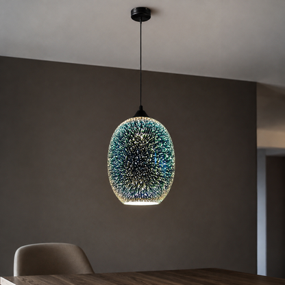 Modern 3D fireworks effect pendant light installed in a contemporary dining room