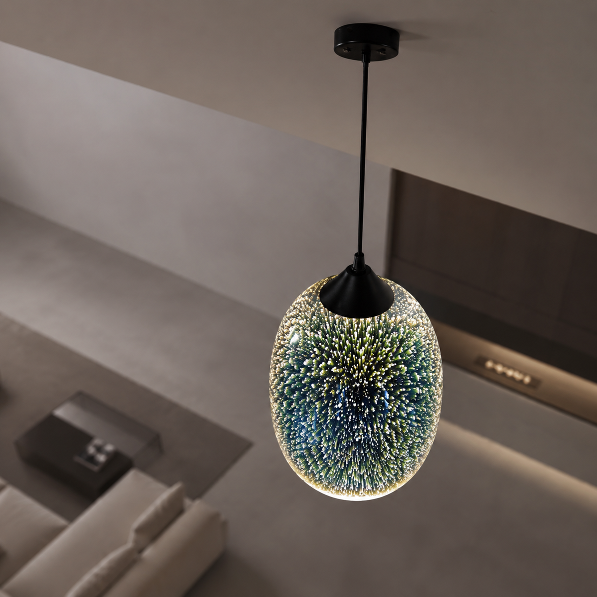 Modern 3D fireworks effect pendant light viewed from a high angle