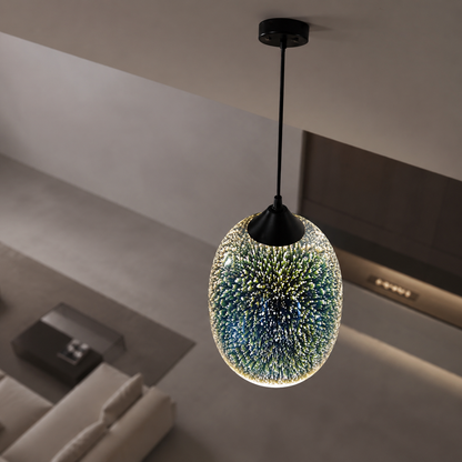 Modern 3D fireworks effect pendant light viewed from a high angle