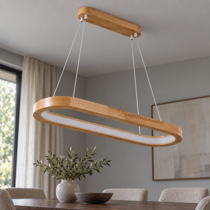 Natural wood | Length 90 cm pendant installed in a furnished interior
