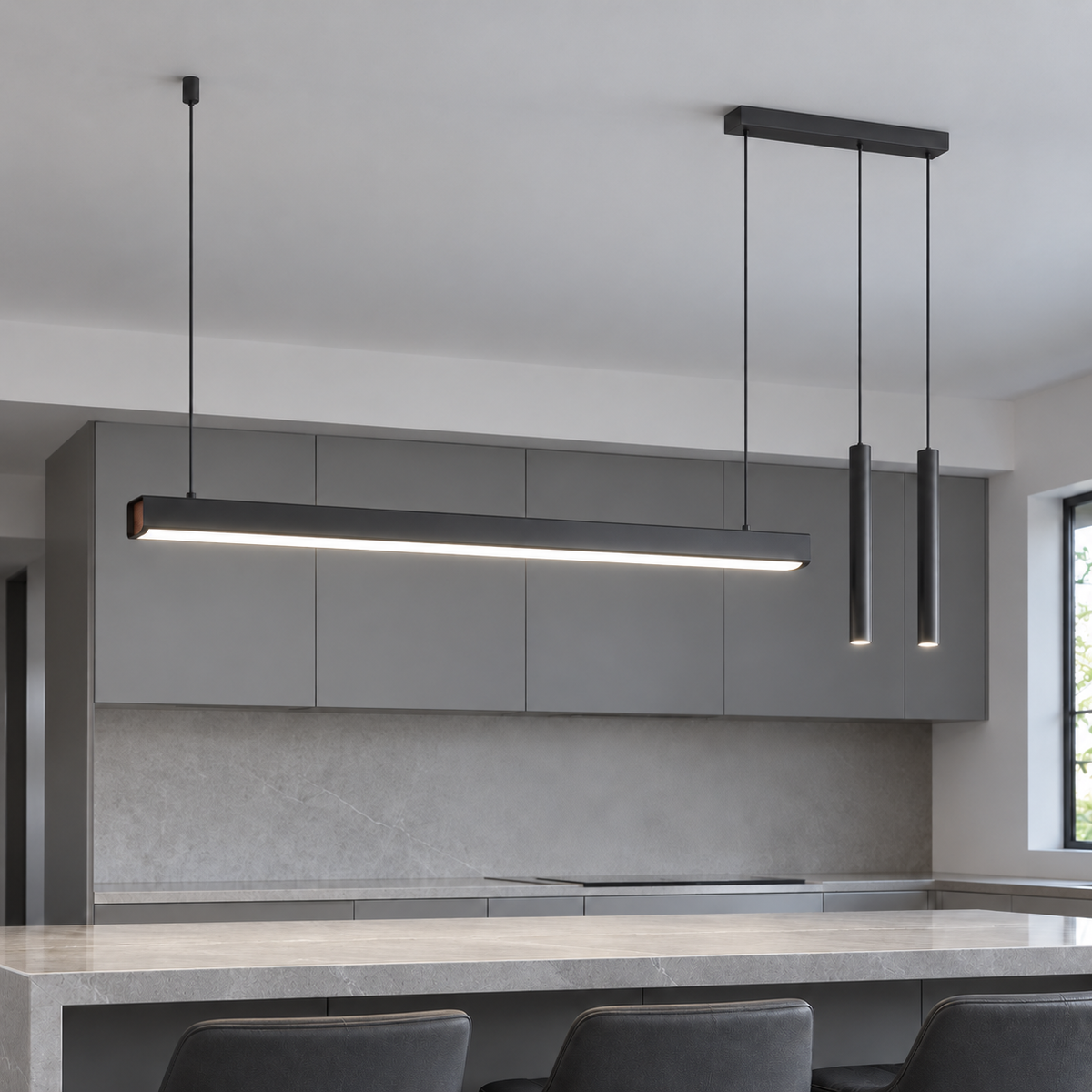 Black 127 cm twin-spotlight pendant installed over a gray kitchen island