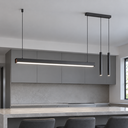 Black 127 cm twin-spotlight pendant installed over a gray kitchen island