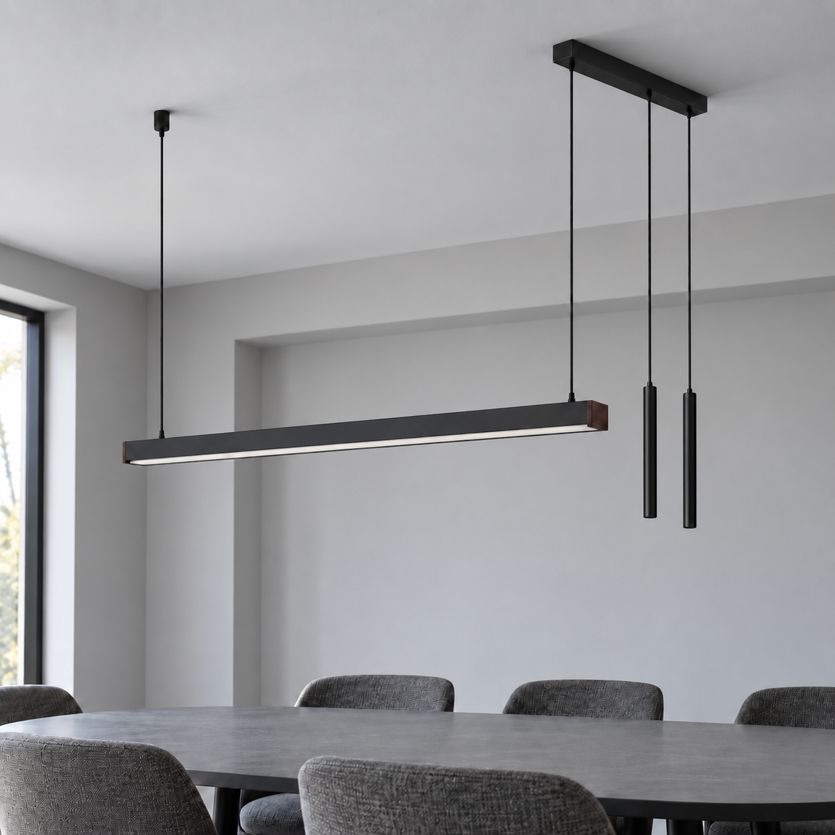 Black 147 cm twin-spotlight pendant, lights off, installed in a neutral gray dining room
