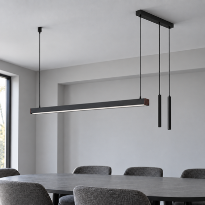 Black 147 cm twin-spotlight pendant, lights off, installed in a neutral gray dining room
