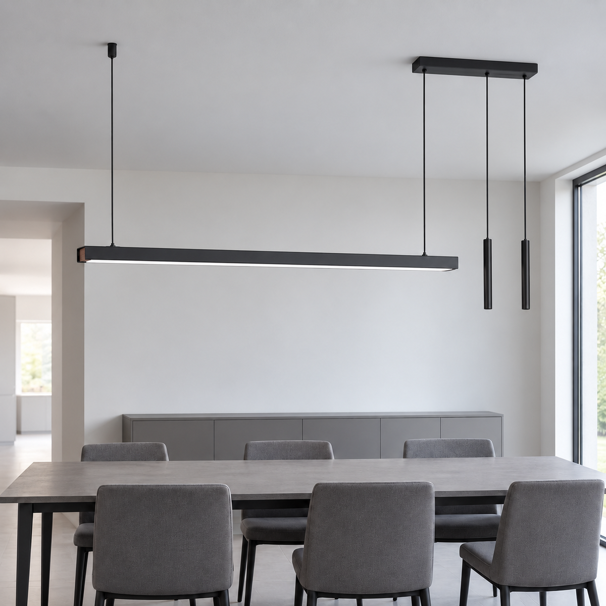 Black 177 cm asymmetric pendant with twin slim spotlights installed in a bright gray dining room