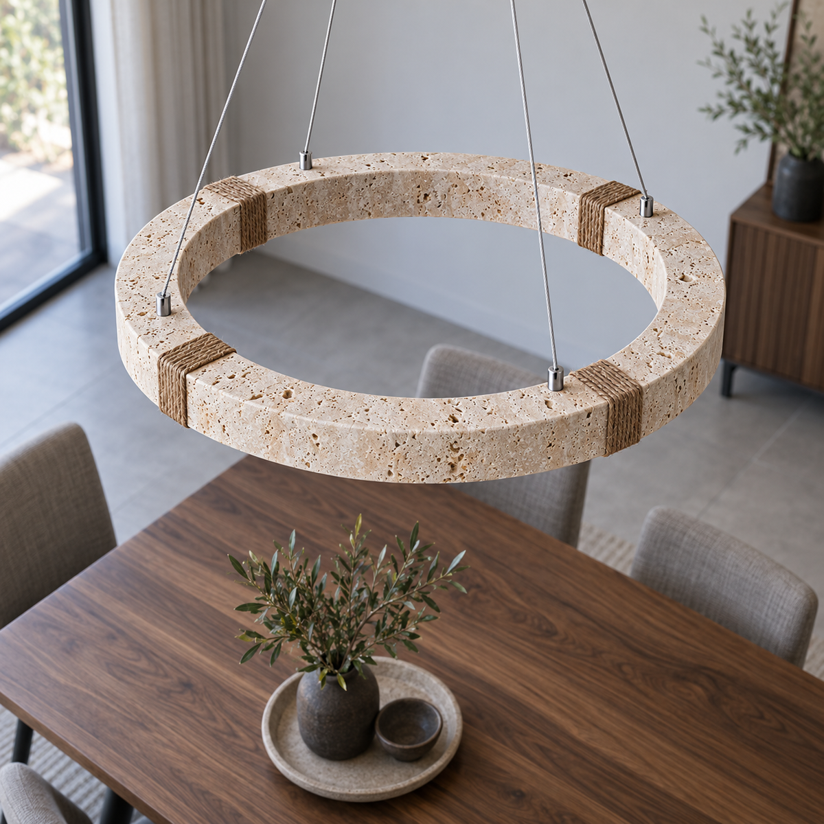 Elevated view of the 50 cm travertine ring pendant showing the upper stone face and rope wraps over a walnut dining table